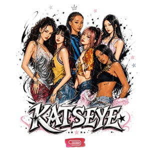 May include: A digital illustration featuring six individuals with diverse hairstyles and fashion-forward outfits, arranged in a group. Below the figures, the word KATSEYE is written in a bold, stylized font, with a small red logo at the bottom.