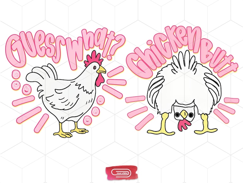 Digital download of 'Guess What? Chicken Butt' PNG bundle featuring front and back designs in a preppy pink and white retro style for matching sublimation shirts and DTF transfers.