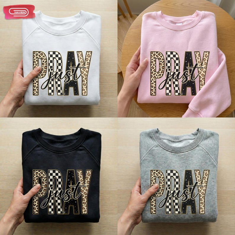 Bold "PRAY" text with leopard, checkerboard, and starry patterns, overlaid with a cursive "just" script, featuring a gold outline.