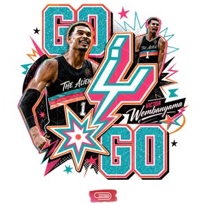 Puede incluir: Diseño gráfico con un jugador de baloncesto con camiseta negra con el texto "The Alien" y el número 1. El diseño incluye las palabras "GO" y "4" en turquesa y rosa, junto con el nombre "Victor Wembanyama".