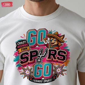 Colorful retro-style San Antonio Spurs basketball graphic featuring a coyote mascot wearing a sombrero, with bold 3D text reading Crazy Hispanic Fan, Go Spurs Go, and ¡Vamos Spurs! in neon pink, teal, and orange on a black background.
