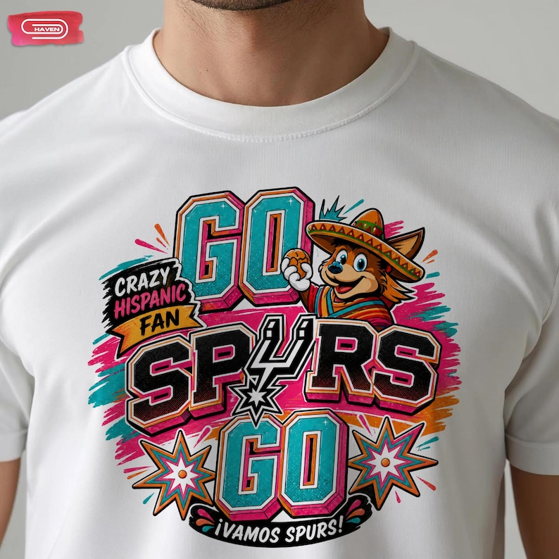 Colorful retro-style San Antonio Spurs basketball graphic featuring a coyote mascot wearing a sombrero, with bold 3D text reading Crazy Hispanic Fan, Go Spurs Go, and ¡Vamos Spurs! in neon pink, teal, and orange on a black background.