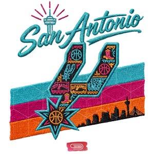 May include: Embroidered patch featuring the text "San Antonio" in teal script, with a stylized "Spurs" logo incorporating a basketball, a star, and the city skyline. The design includes teal, pink, orange, and black colors.