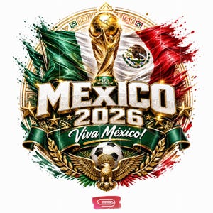 May include: A graphic design featuring the FIFA World Cup trophy centered above the text MEXICO 2026 and Viva México! The image includes the Mexican flag, a soccer ball, a golden eagle, and intricate circular gold patterns on a white background.