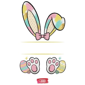 Påskhare med delad ram PNG, anpassat namnmonogram med sublimeringsdesign, pastellfärgade penseldrag med kaninöron och tassar, personlig påsk för barn.