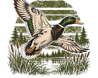 May include: A graphic illustration of a mallard duck in flight with wings spread wide. The duck features a green head, brown body, and white-tipped wings. Behind the duck is a distressed olive green sun, pine trees, and cattails in the foreground.