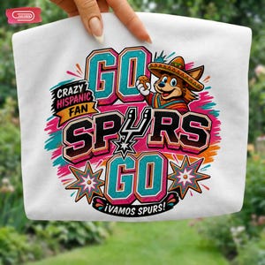 Colorful retro-style San Antonio Spurs basketball graphic featuring a coyote mascot wearing a sombrero, with bold 3D text reading Crazy Hispanic Fan, Go Spurs Go, and ¡Vamos Spurs! in neon pink, teal, and orange on a black background.
