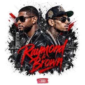 May include: A graphic print featuring two individuals wearing sunglasses, chains, and dark clothing against a black and white city skyline background. The text Raymond & Brown is written in bold red script across the centre, with a small Haven logo below.