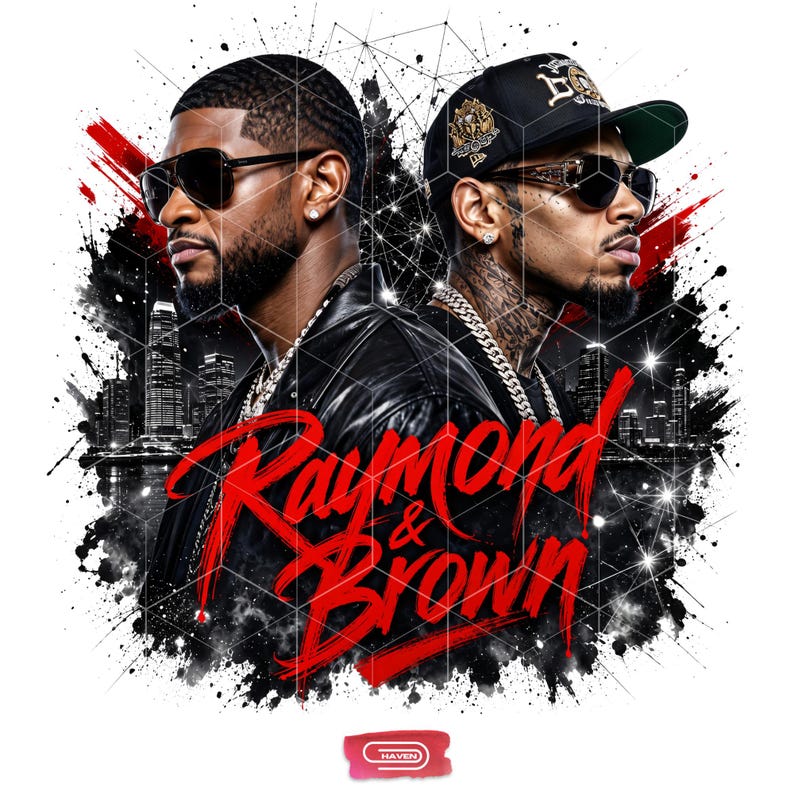 Digital bootleg rap tee graphic featuring R&B artists Usher and Chris Brown standing back-to-back wearing sunglasses and black jackets. The background showcases a high-contrast nighttime city skyline with glowing lights, abstract geometric stars, and bold red brushstroke text reading "Raymond & Brown".