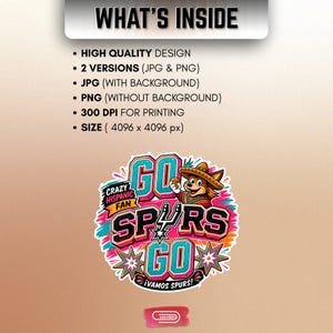 Colorful retro-style San Antonio Spurs basketball graphic featuring a coyote mascot wearing a sombrero, with bold 3D text reading Crazy Hispanic Fan, Go Spurs Go, and ¡Vamos Spurs! in neon pink, teal, and orange on a black background.
