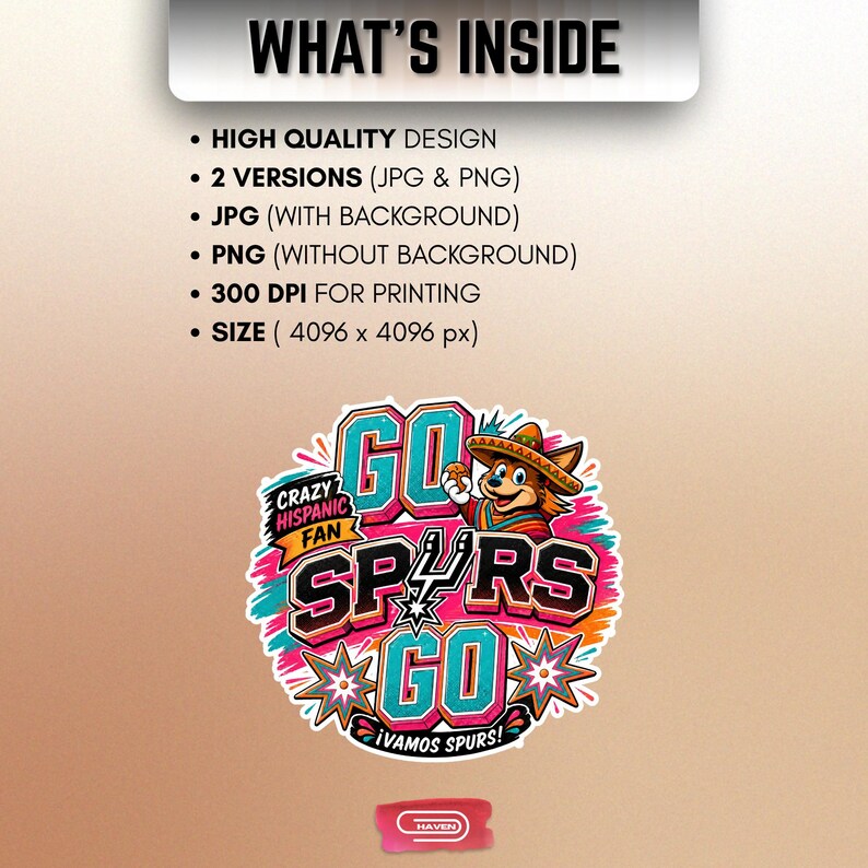Colorful retro-style San Antonio Spurs basketball graphic featuring a coyote mascot wearing a sombrero, with bold 3D text reading Crazy Hispanic Fan, Go Spurs Go, and ¡Vamos Spurs! in neon pink, teal, and orange on a black background.