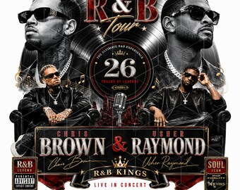 Usher Raymond & Chris Brown, RnB Kings Tour PNG, Vintage concertposter sublimatieontwerp, RnB-legendes grafische muziekkunst, digitale download