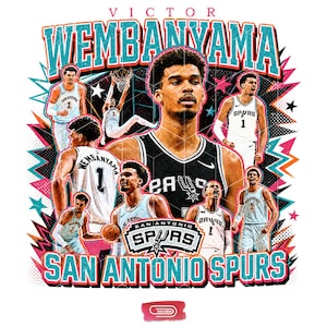 May include: A graphic design featuring Victor Wembanyama and the San Antonio Spurs logo. The design includes multiple images of players in white and black jerseys, with the text "VICTOR WEMBANYAMA" and "SAN ANTONIO SPURS" in a colorful, stylized font.