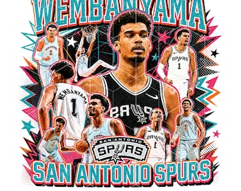 Victor Wembanyama 90s Vintage Bootleg Design PNG, San Antonio Spurs Retro Graphic Tee Sublimation File, Wemby Basketball Fan Art.