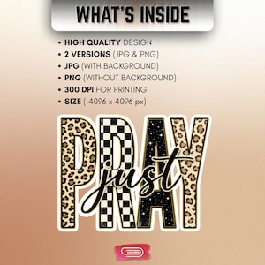 Bold "PRAY" text with leopard, checkerboard, and starry patterns, overlaid with a cursive "just" script, featuring a gold outline.