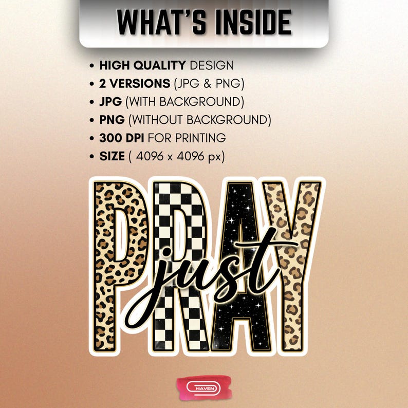 Bold "PRAY" text with leopard, checkerboard, and starry patterns, overlaid with a cursive "just" script, featuring a gold outline.