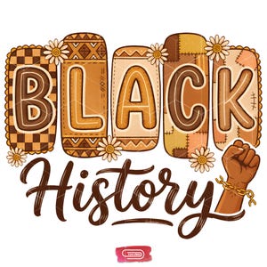 Puede incluir: Un diseño gráfico con las palabras "BLACK History" en tonos marrones y beige. La palabra "BLACK" está en letras grandes y decoradas, y "History" está en una fuente cursiva. También se incluye un puño con una cadena dorada.