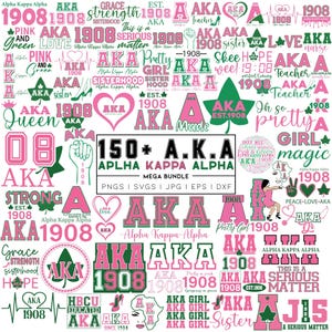 May include: A digital graphic design bundle featuring various pink and green Alpha Kappa Alpha sorority-themed designs. Includes text elements like "AKA 1908," "Pretty Girl," and "Sisterhood," along with graphic icons. The bundle is labeled as a "MEGA BUNDLE."