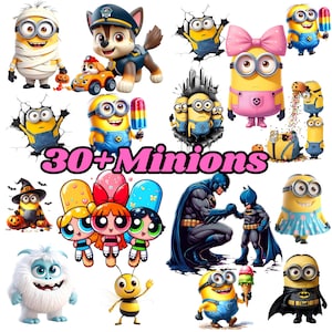 Könnte beinhalten: Eine lebendige Collage mit verschiedenen Zeichentrickfiguren, darunter Minions, Batman, Powerpuff Girls und ein Polizeihund. Das Bild enthält den Text "30+ Minions" in Pink. Die Charaktere sind in verschiedenen Posen und Outfits mit leuchtenden Farben dargestellt.