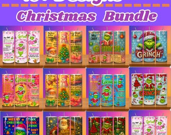 May include: A collection of Christmas-themed tumblers with various designs. The tumblers feature images of the Grinch, snowmen, Christmas trees, and Santa Claus. Text includes "Merry Christmas" and "Grinch". The image also has the text "10+ Designs Christmas Bundle".