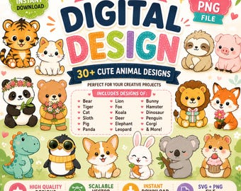 Kawaii Animal Clipart Bundle, SVG PNG Graphics (Digital Download)