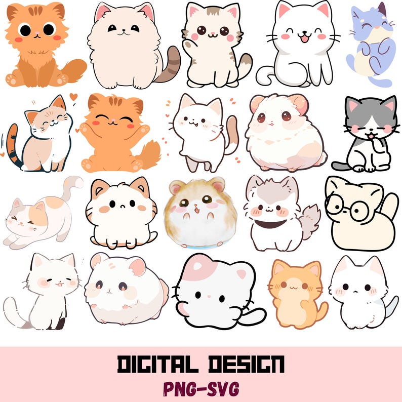 Kawaii Cat SVG PNG Bundle | Chibi Kitty Clipart for Cricut Stickers ...
