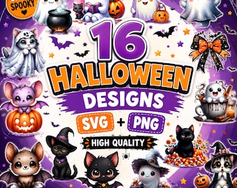 Kawaii Halloween Clipart | Ghost, Witch, Cat SVG PNG (Digital Download)