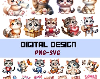 Speelse kittenstickers, kattenontwerpen png SVG-bundel (digitale download)