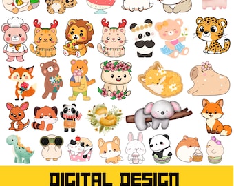 Kawaii Animal Clipart Bundle, SVG PNG Graphics (Digital Download)