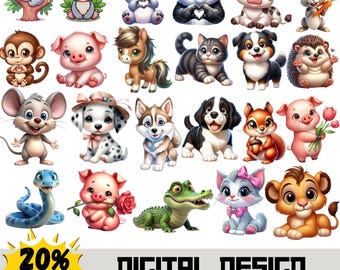 Animal Clipart Bundle | Nursery Decor, Kids Crafts, Baby Shower (PNG SVG)