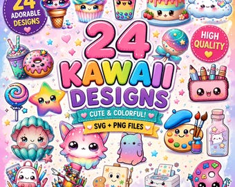 Op de afbeelding: Een digitale collectie van 24 kawaii ontwerpen met kleurrijke illustraties van voedsel, dieren en kunstbenodigdheden met lachende gezichten. De tekst bevat 24 ADORABLE DESIGNS, 24 KAWAII DESIGNS, CUTE & COLORFUL!, SVG + PNG FILES, HIGH QUALITY en PERFECT FOR: SUBLIMATION, PRINTABLES, CRICUT, STICKERS, AND MORE!