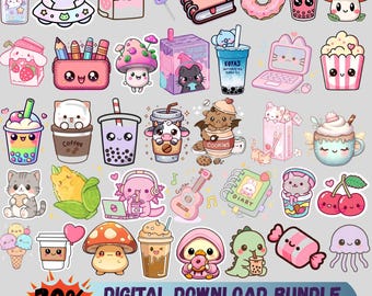 Kawaii Cute Stickers Bundle, SVG PNG Files (Digital Download)