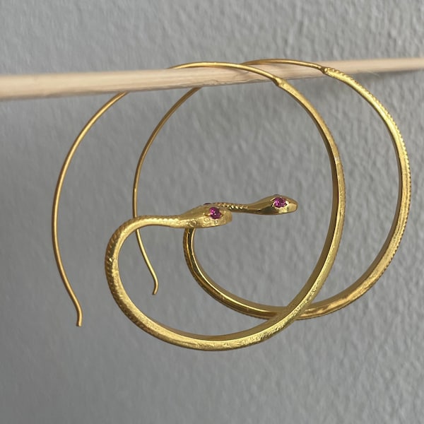 Subtle Snake Hoop Earrings, Snakeskin Hoops with Pink or Black Eyes