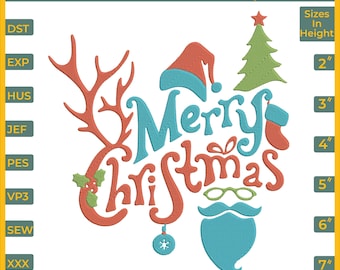 Merry Christmas Curl Machine Embroidery Design, (Six Sizes Included, Instant Download)