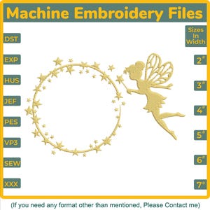 Peut inclure: Un motif de broderie machine numérique avec une fée dorée tenant une baguette magique et un cercle étoilé. Le design est disponible en différentes tailles, de 5 cm à 18 cm de largeur. Le texte "Machine Embroidery Files" est affiché.