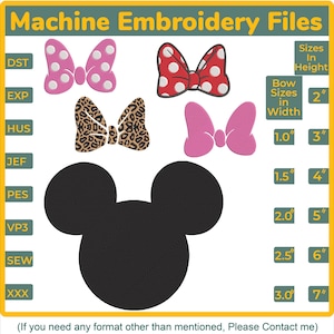以下が含まれることがあります： ピンク、赤、ヒョウ柄のリボンデザインと、黒いミッキーマウスの頭のシルエットが特徴のミシン刺繍ファイル。サイズは高さ5cmから18cm、幅2.5cmから7.6cmです。「Machine Embroidery Files」のテキストが含まれています。