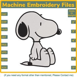 以下が含まれることがあります： 黒と白のディテールを持つ、座っている漫画の犬を特徴とするミシン刺繍ファイルのデザイン。 デザインは、高さ5〜18cmのさまざまなサイズで利用できます。 画像には「Machine Embroidery Files」というテキストが含まれています。