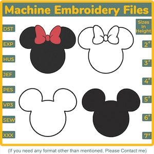 May include: Machine embroidery files featuring Mickey and Minnie Mouse head designs. Includes black and white outlines, and a Minnie Mouse design with a red bow. Sizes range from 2 to 7 inches in height.