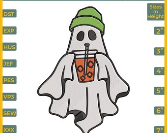 Ghost with Iced Coffee Embroidery Design, Halloween Embroidery Design, 6 sizes, 8 Formats, Instant Download