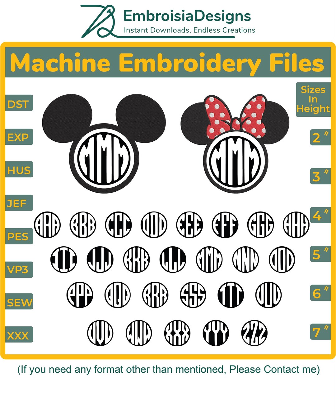 Mickey and Minnie Mouse Monogram Embroidery Files (fill Stitch) in 6 ...