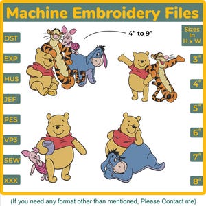 Peut inclure: Fichiers de broderie machine avec Winnie l'ourson et ses amis. L'image comprend divers personnages tels que Winnie l'ourson, Tigrou, Porcinet et Bourriquet. Les tailles varient de 7.6 cm à 22.9 cm de hauteur et de largeur. Le texte "Machine Embroidery Files" est également inclus.