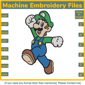 May include: Machine embroidery file featuring a cartoon character in a green hat and overalls. The design includes the text "Machine Embroidery Files" and size options from 3" to 8" in height. The character is depicted in a running pose.