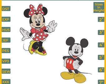 Mickey mouse and Minnie mouse Embroidery design, (6 Sizes, 8 Formats, Instant Download)