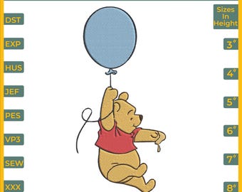 風船を持ったプーさん - 4x4枠用シングルマシン刺繍デザイン（デジタル