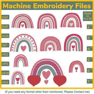 Op de afbeelding: Een digitaal ontwerp met machineborduur bestanden. Het ontwerp bevat meerdere regenboog illustraties in roze, rode en grijze tinten, elk met een hart. Maten variëren van 5 cm tot 18 cm. De tekst "Machine Embroidery Files" wordt weergegeven.