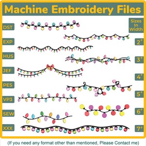 May include: Machine embroidery files showcasing colourful string lights in various designs and sizes, ranging from 5 cm to 18 cm in width. The image includes different file formats, such as DST, EXP, HUS, JEF, PES, VP3, SEW, and XXX.