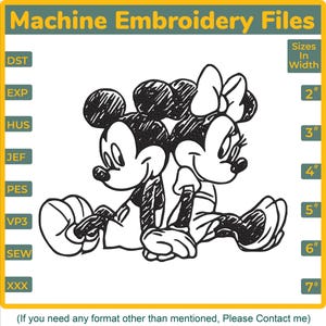 May include: Black and white machine embroidery file featuring Mickey and Minnie Mouse. The design includes various file formats and sizes ranging from 2 to 7 inches in width. The image also includes the text "Machine Embroidery Files".
