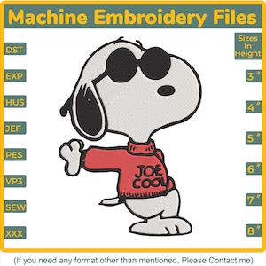 Può includere: File per ricamo a macchina raffigurante un cane bianco dei cartoni animati con occhiali da sole neri e un maglione rosso con la scritta JOE COOL. Il design include i formati DST, EXP, HUS, JEF, PES, VP3, SEW, XXX e altezze da 3 a 8 pollici.