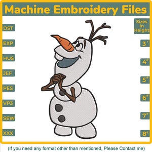 May include: Machine embroidery file featuring a smiling snowman with a carrot nose, twig arms, and three black buttons. The design is available in various sizes, from 3 inches to 8 inches in height, and multiple file formats.