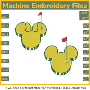 Puede incluir: Archivos de bordado a máquina amarillos con un diseño de hoyo de golf con forma de Mickey Mouse con una bandera roja. Tamaños de 5,08 cm a 15,24 cm de altura. La imagen incluye el texto "Machine Embroidery Files" y el logo de Embroisia Designs.